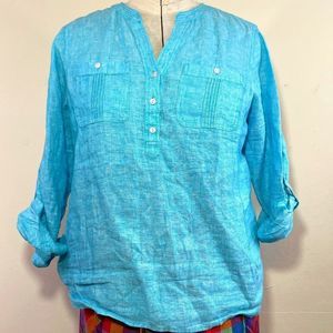 POCKETS! Talbots Bright Blue 100% Linen Tab Sleeve Button Neck Shirt Size Large